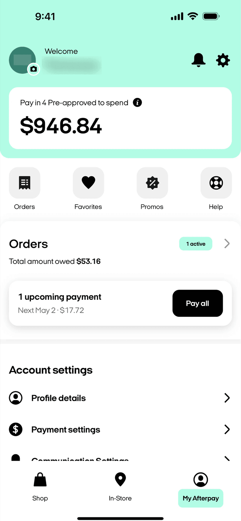 Mobile app profile screen